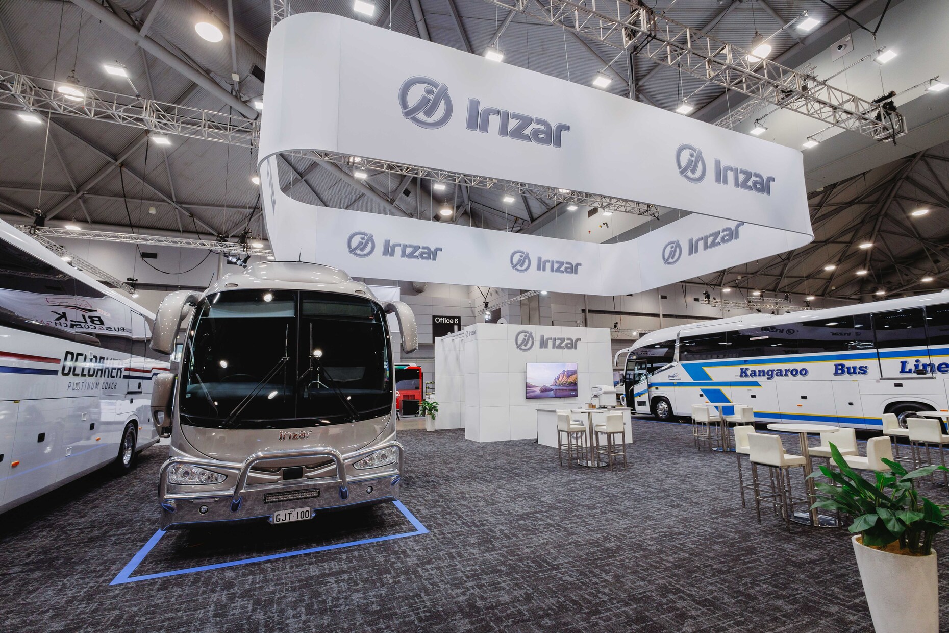 Irizar exhibition stand with large suspended overhead banner