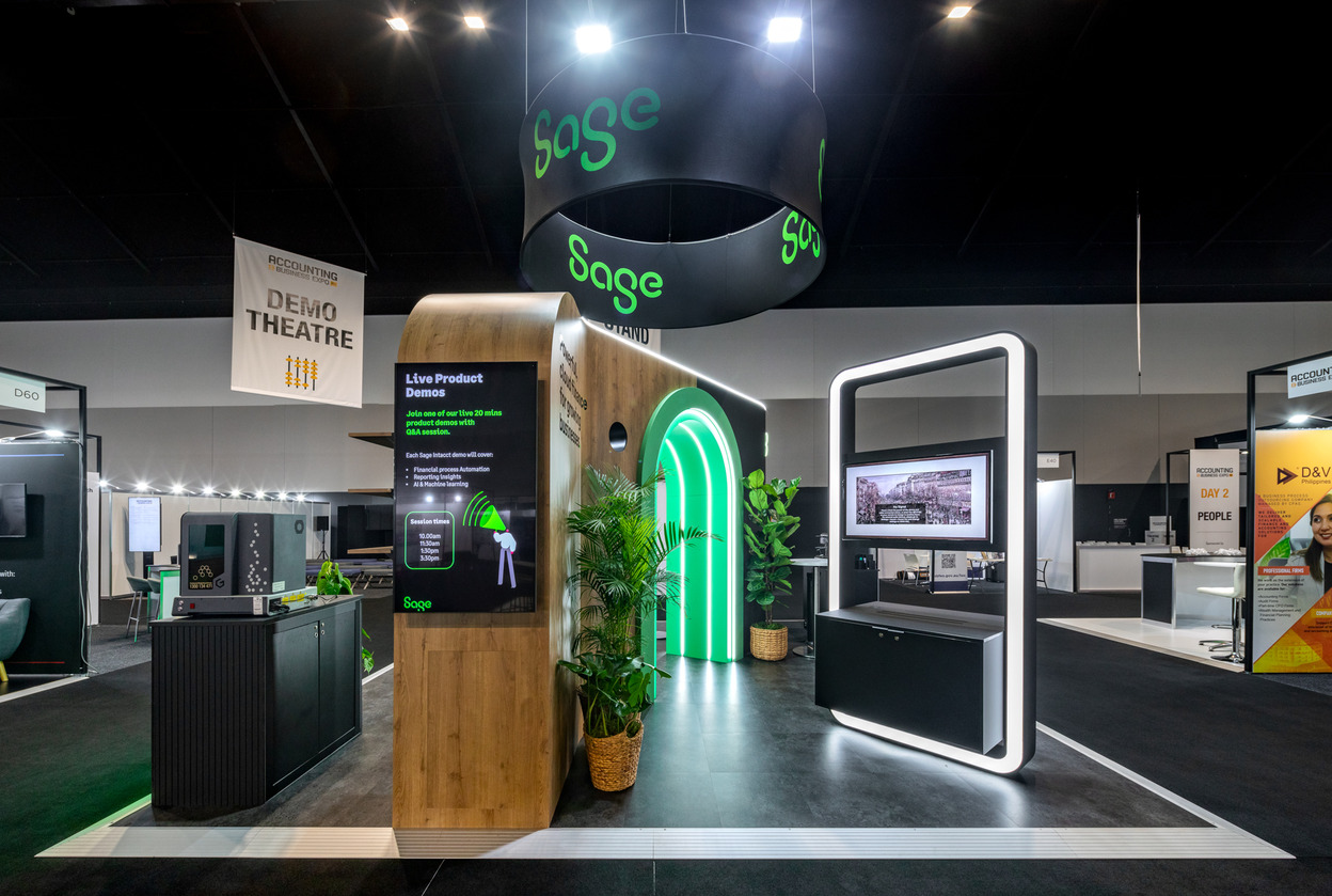 Sage ABE Expo 2025 – Custom Stand Side View led stand expo ideas