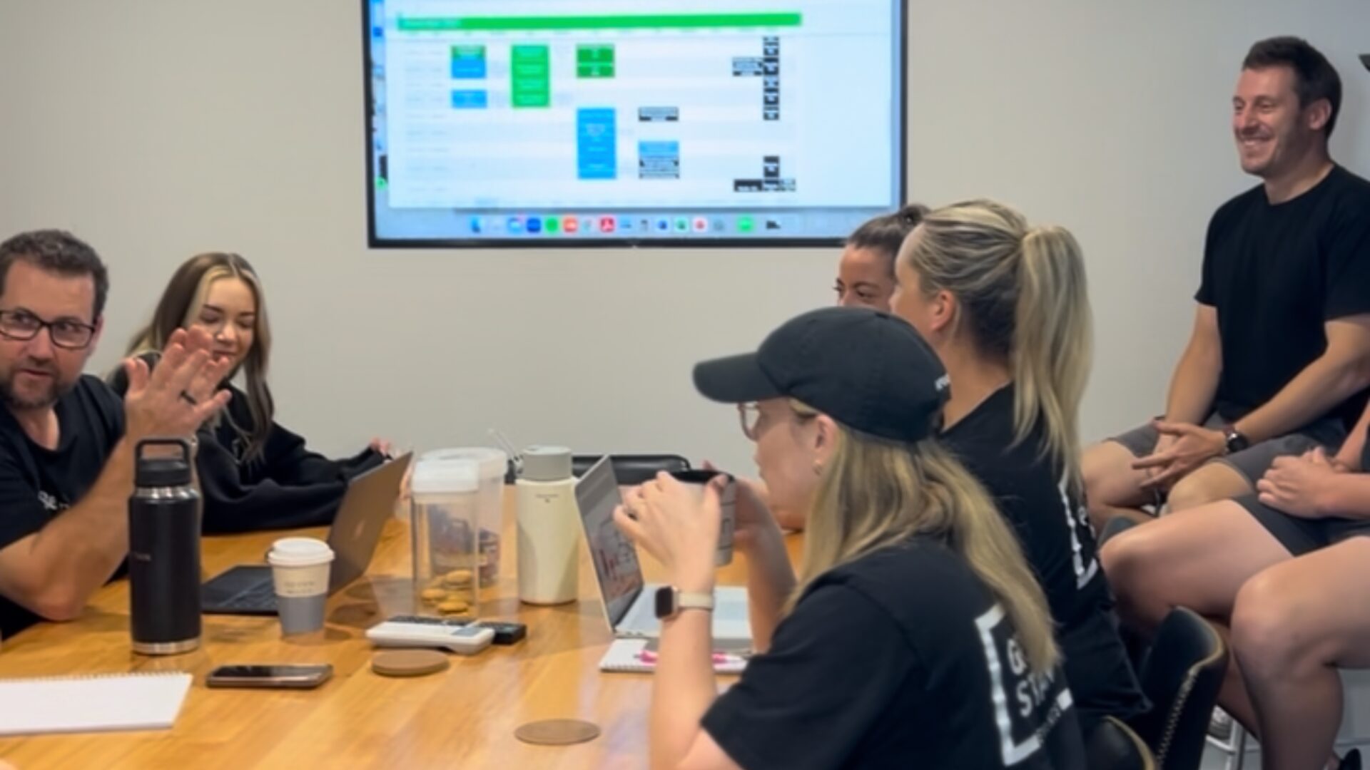 Team members together in a meeting discussing production schedule