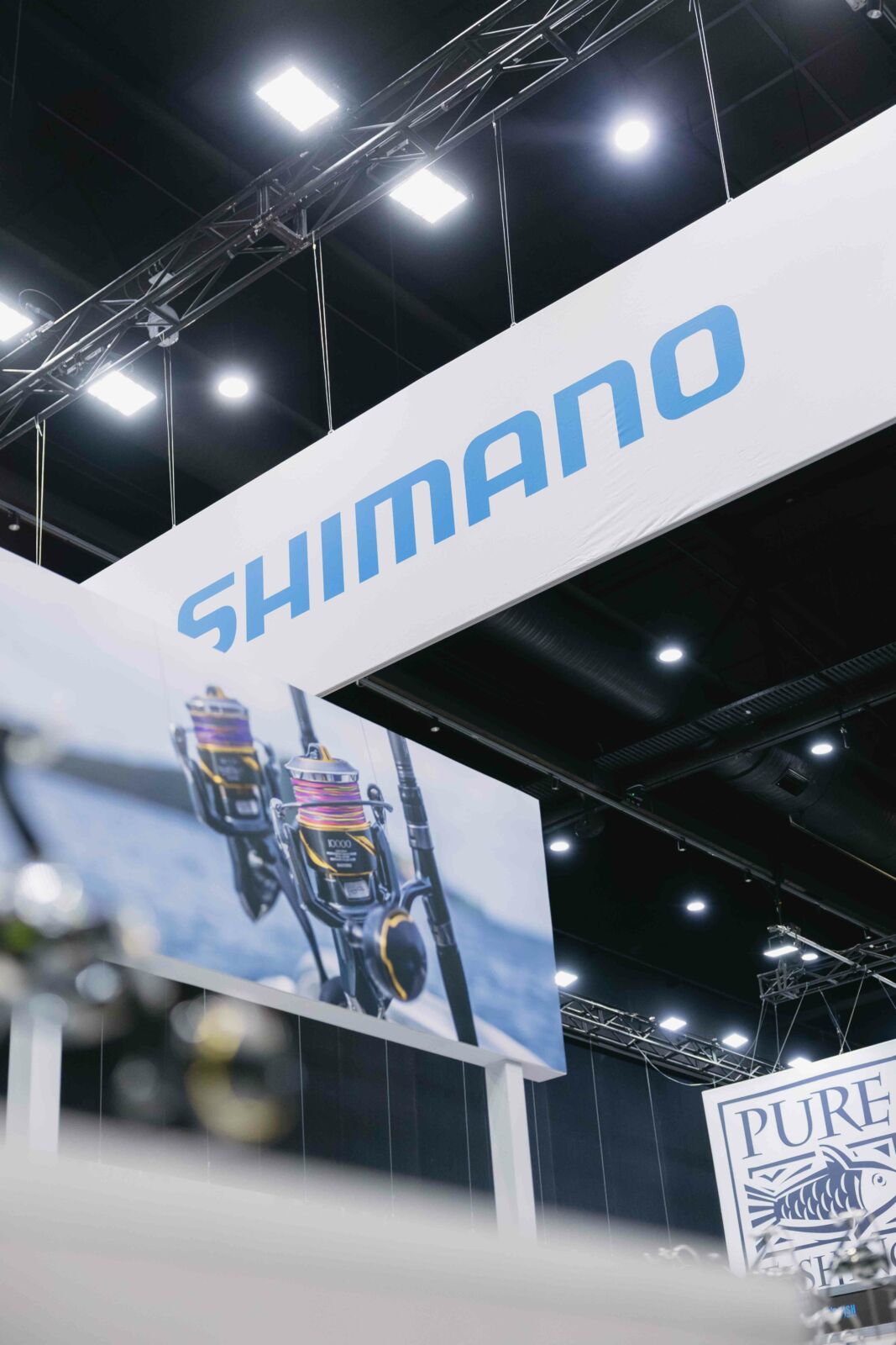 Shimano stand with elevated overhead signage