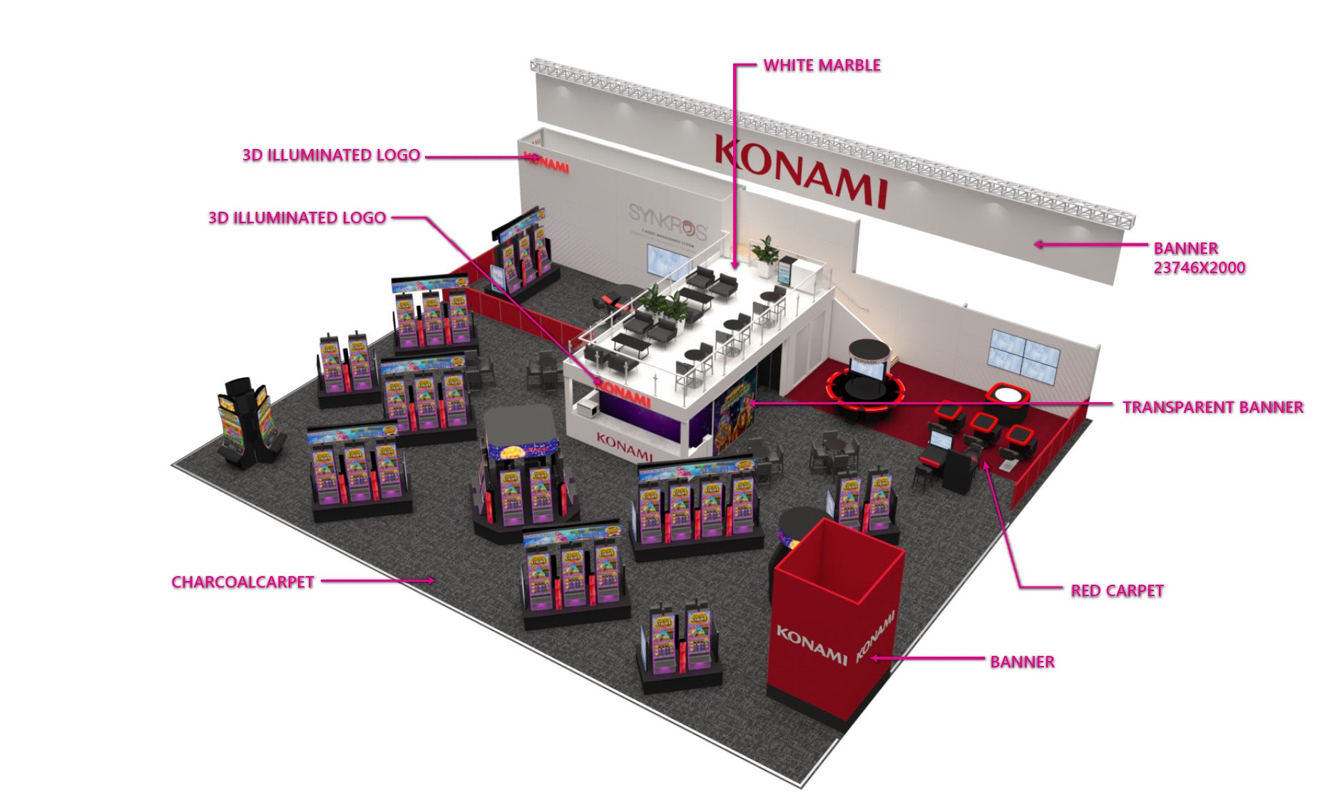 Large Exhibition Stand - Render and Layout showing key areas