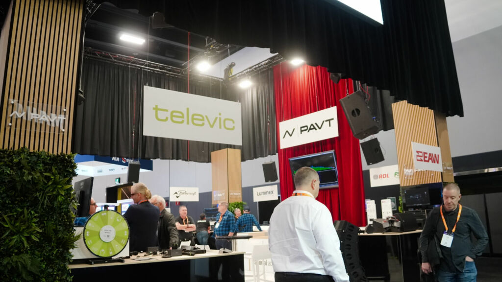 Stand view showing audio visual products at exhibition