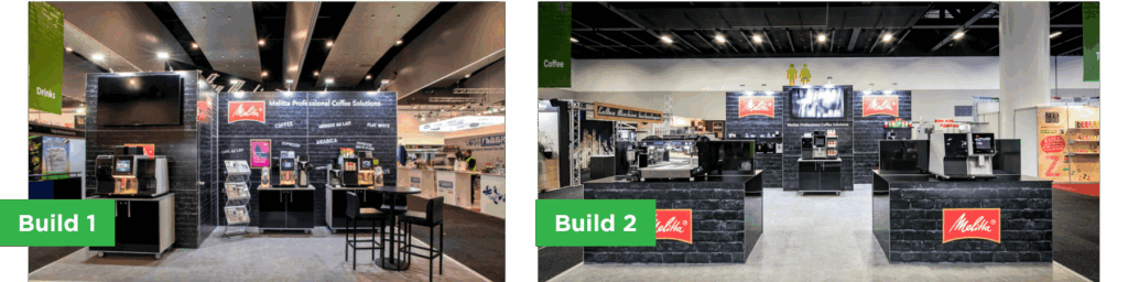 Side by side comparison of modular frame exhibition stand finished