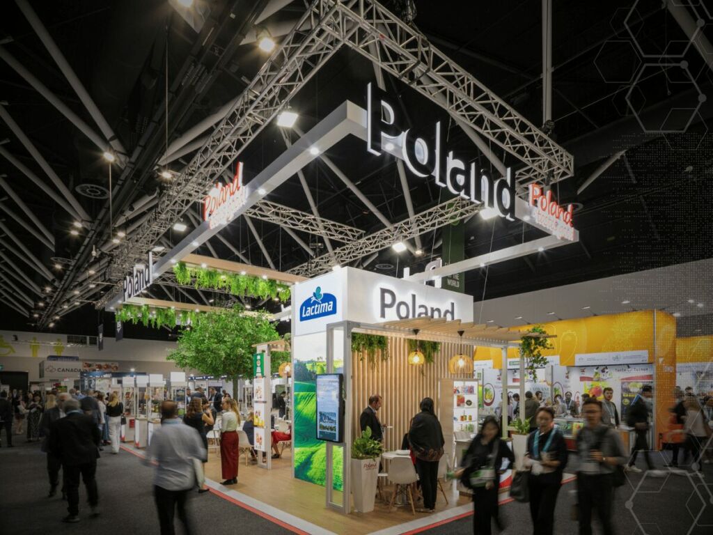 an image of a custom exhibition stand with semi transparent data overlay representing data analytics in exhibition environments